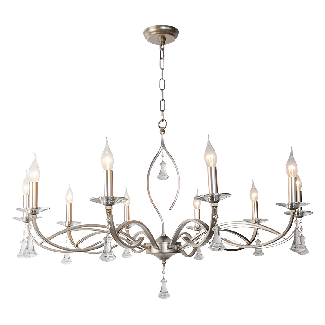 Crystal Drop Candle Chandelier, Silver Iron Scroll Arm Ceiling Light 10