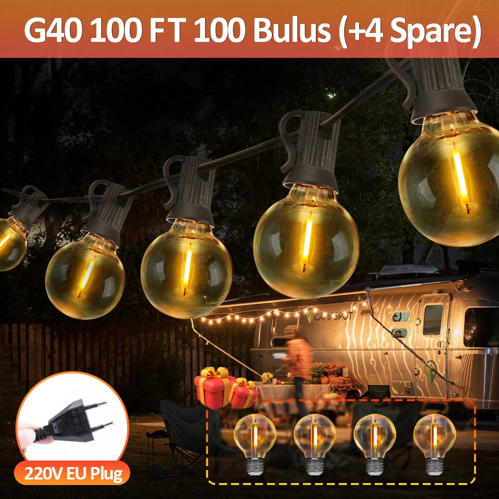 G40 LED Globe String Lights Outdoor EU Plug, IP65 Plastic Bulbs, Balcony Garland Fairy Lamps for Wedding Christmas Party Decor