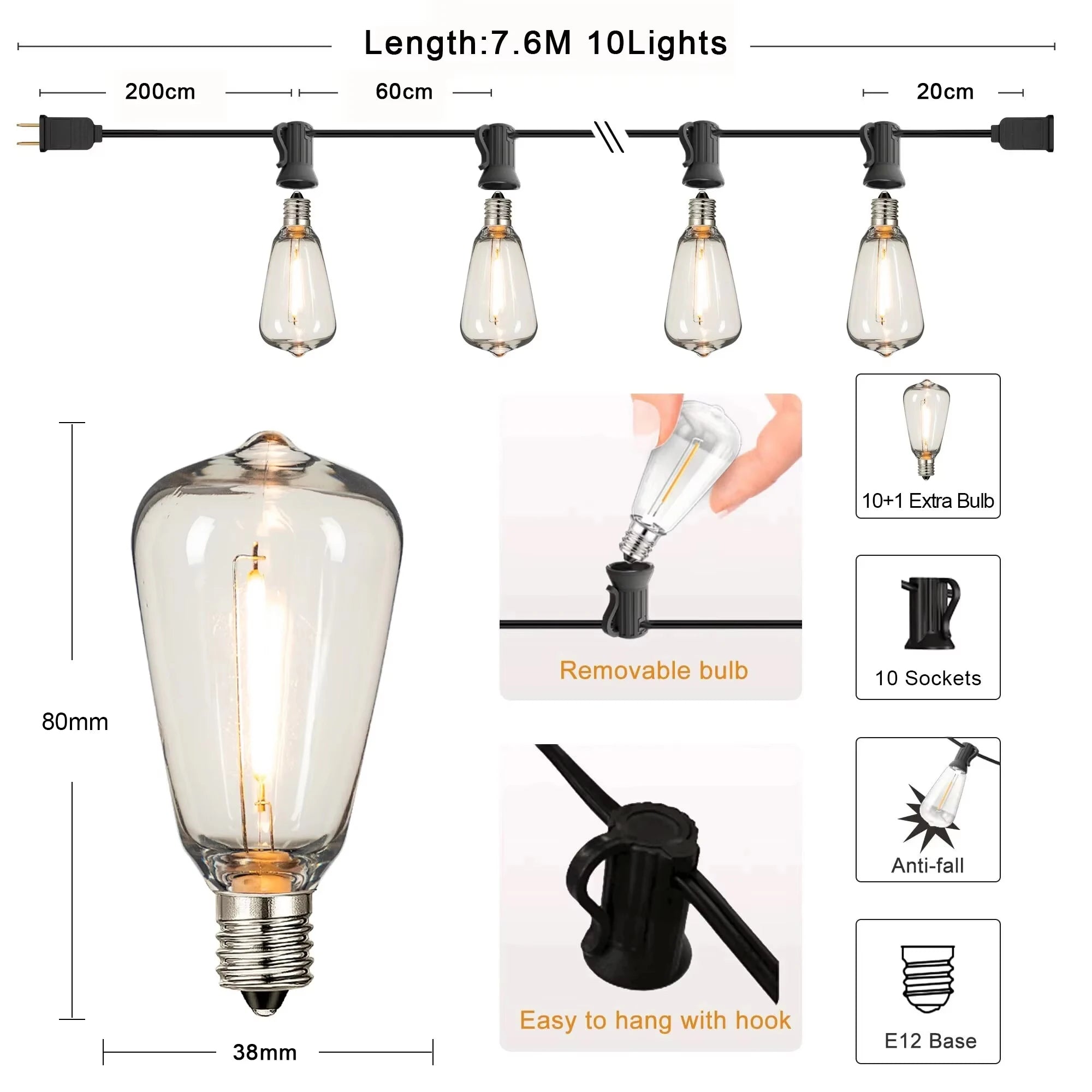 ST38 String Lights Outdoor Garland Connectable Shatterproof Waterproof Plastic LED Bulb Dimmable Patio Garden Decor Fairy Lighst