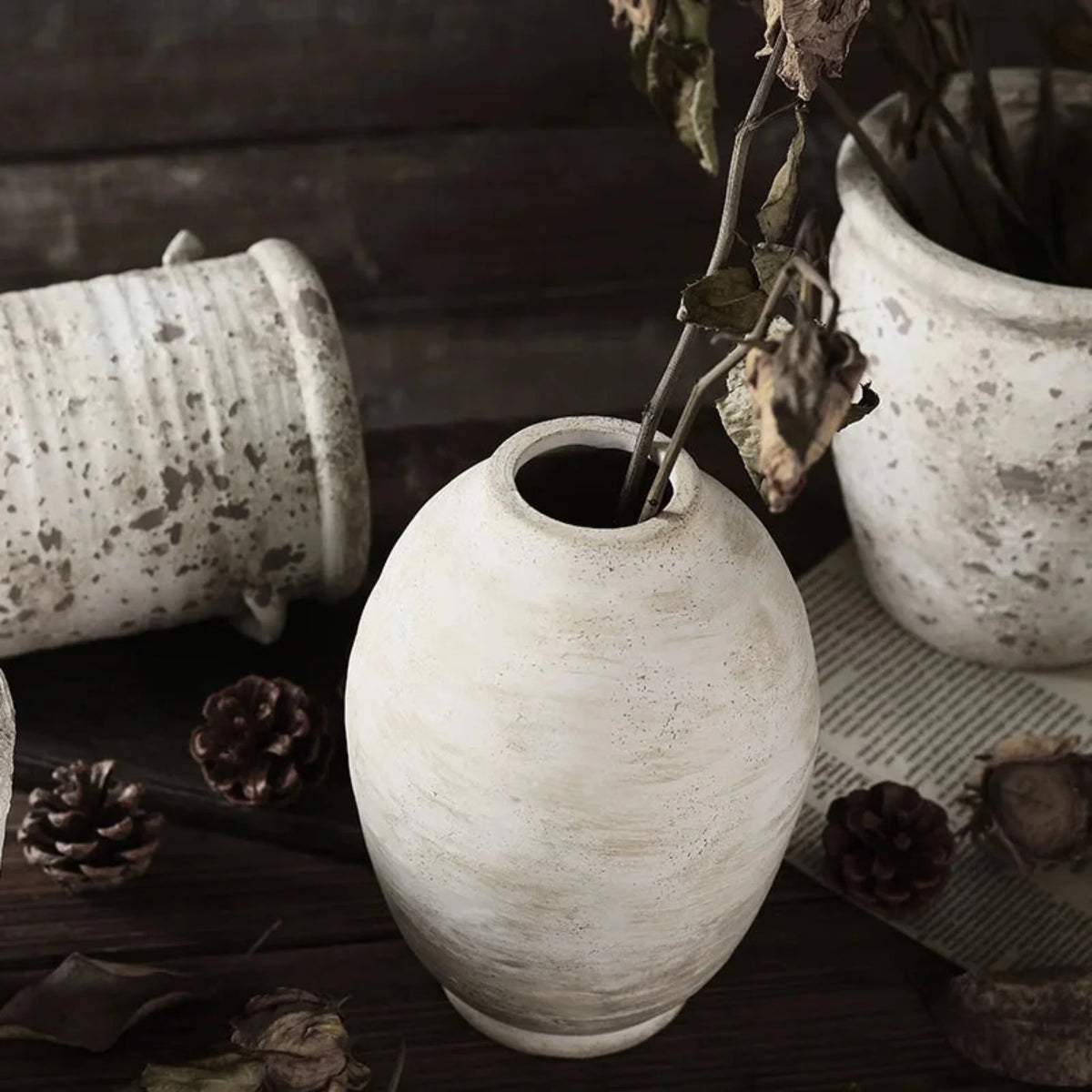 Vintage Style Handmade Ceramic Vase, Curved Glazed Vase