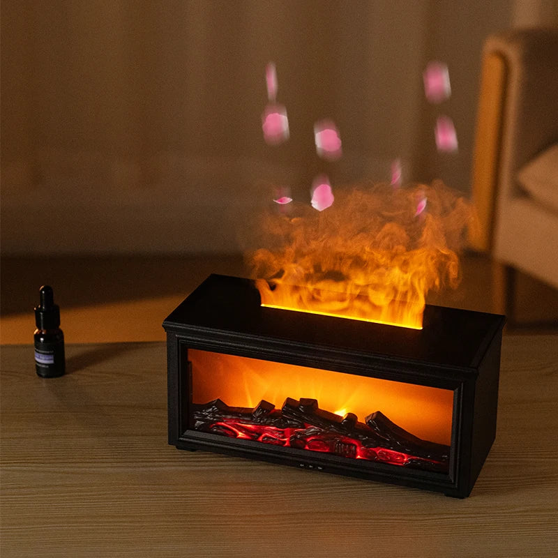 Fireplace aroma diffuser with essential oil bottle, warm ambient lighting