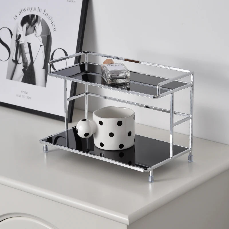 Metal Desktop Layered Storage Rack, Double-Layer Desk Organizer, Water Cup and Coffee Cup Storage Rack, Bathroom Cosmetics Organizer, Suitable for Living Room, Entryway, Kitchen, and Bathroom
