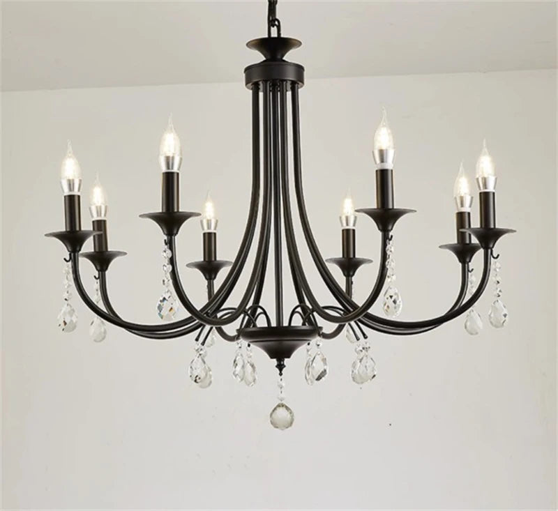 New Wrought Iron Crystal Chandelier European Classic Black Candle Lamp