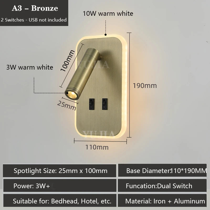 Modern Led Wall Sconce Reading Light 2 Switches Type-A & Type-C USB