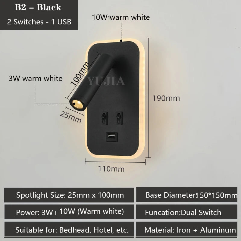 Modern Led Wall Sconce Reading Light 2 Switches Type-A & Type-C USB