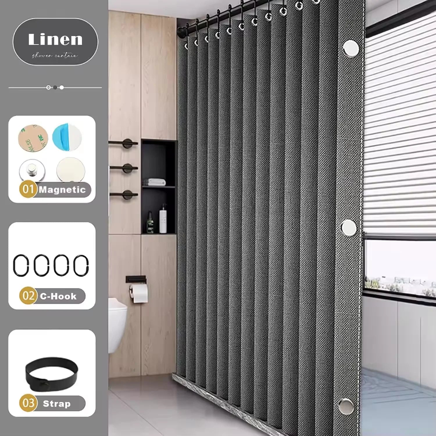 Magnetic Foldable Linen Bath Curtain Waterproof