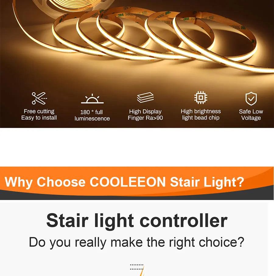 COB LED Strip PIR Motion Sensor Stair Lights Kit Step by Step Control