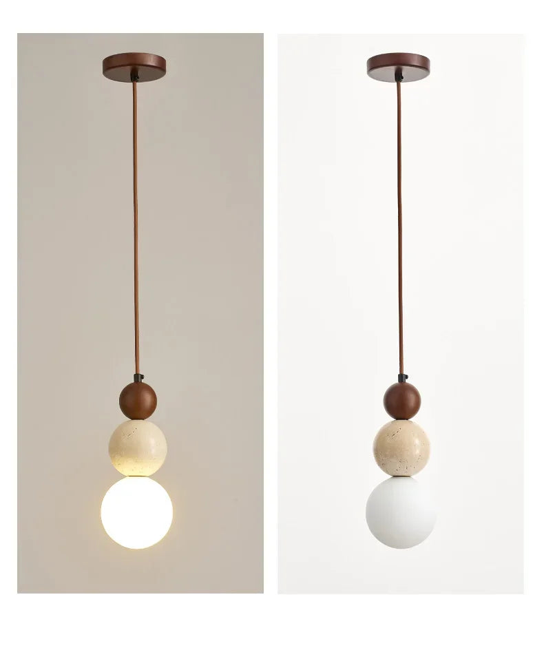 Cream Style Pendant Lamp Bedroom Bedside Led Chandelier Stone Wood