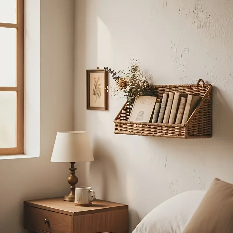 Wall Mounted Woven Basket with Hooks