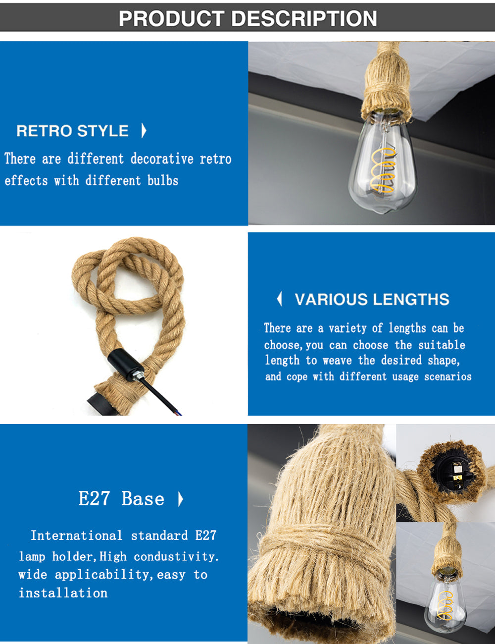 Industrial E27 Vintage Hemp Rope Pendant Lights Attic Personality