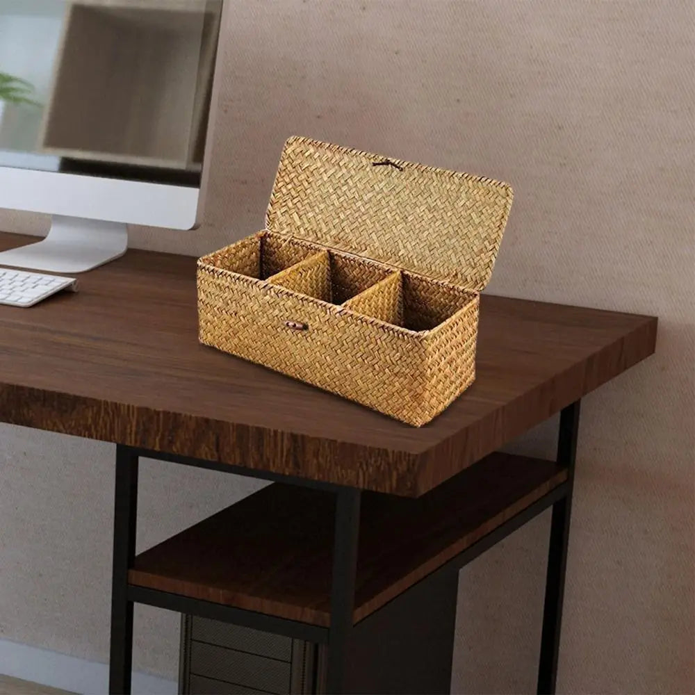 3 Compartment Woven Storage Basket with Lid