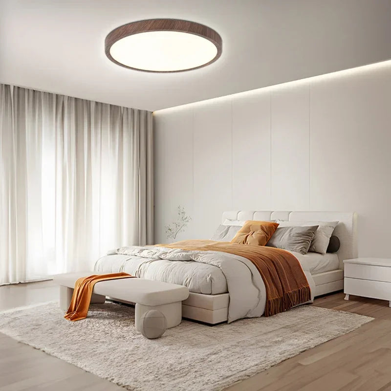 Modern LED Ceiling Light Circular Ultrathin Wood Grain Walnut