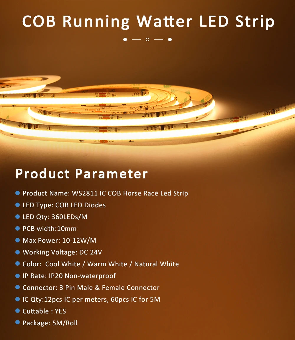5M 10M 15M WS2811 COB Running Water Strip Light for 24V 400W PIR Motion