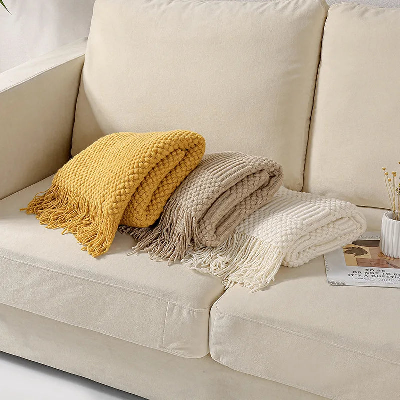Khaki Gift Knitted Blanket with Tassels Chunky Vintage Luxury