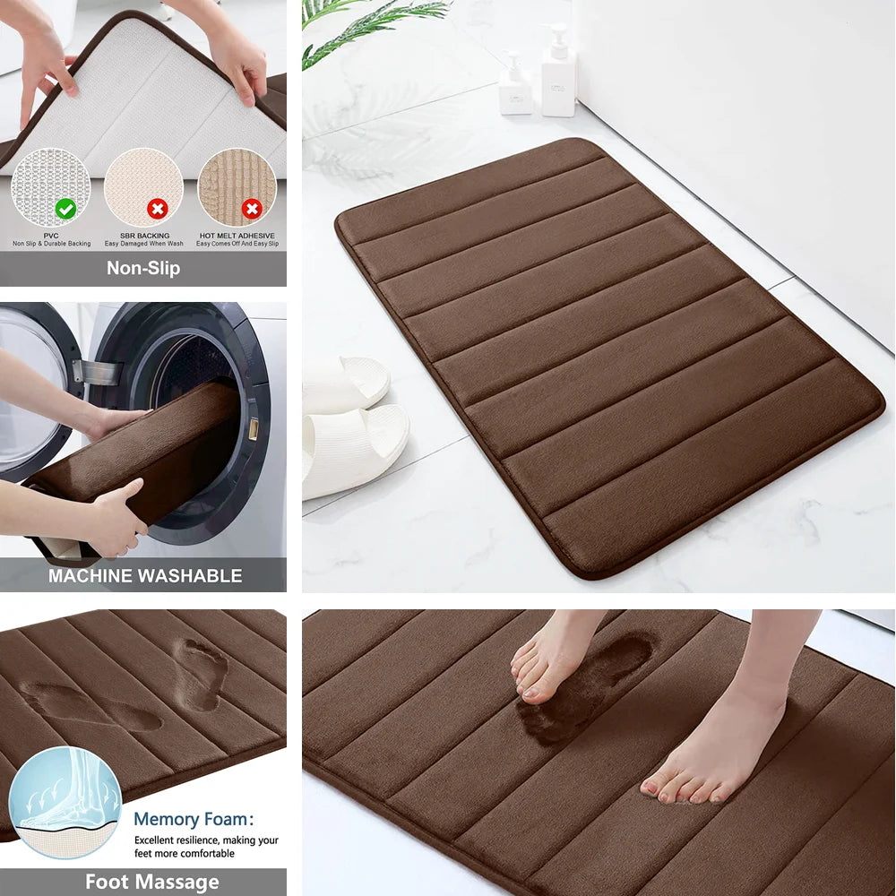 Velvet Memory Foam Bathroom Rug Set Of 3 Water Absorption Non Slip