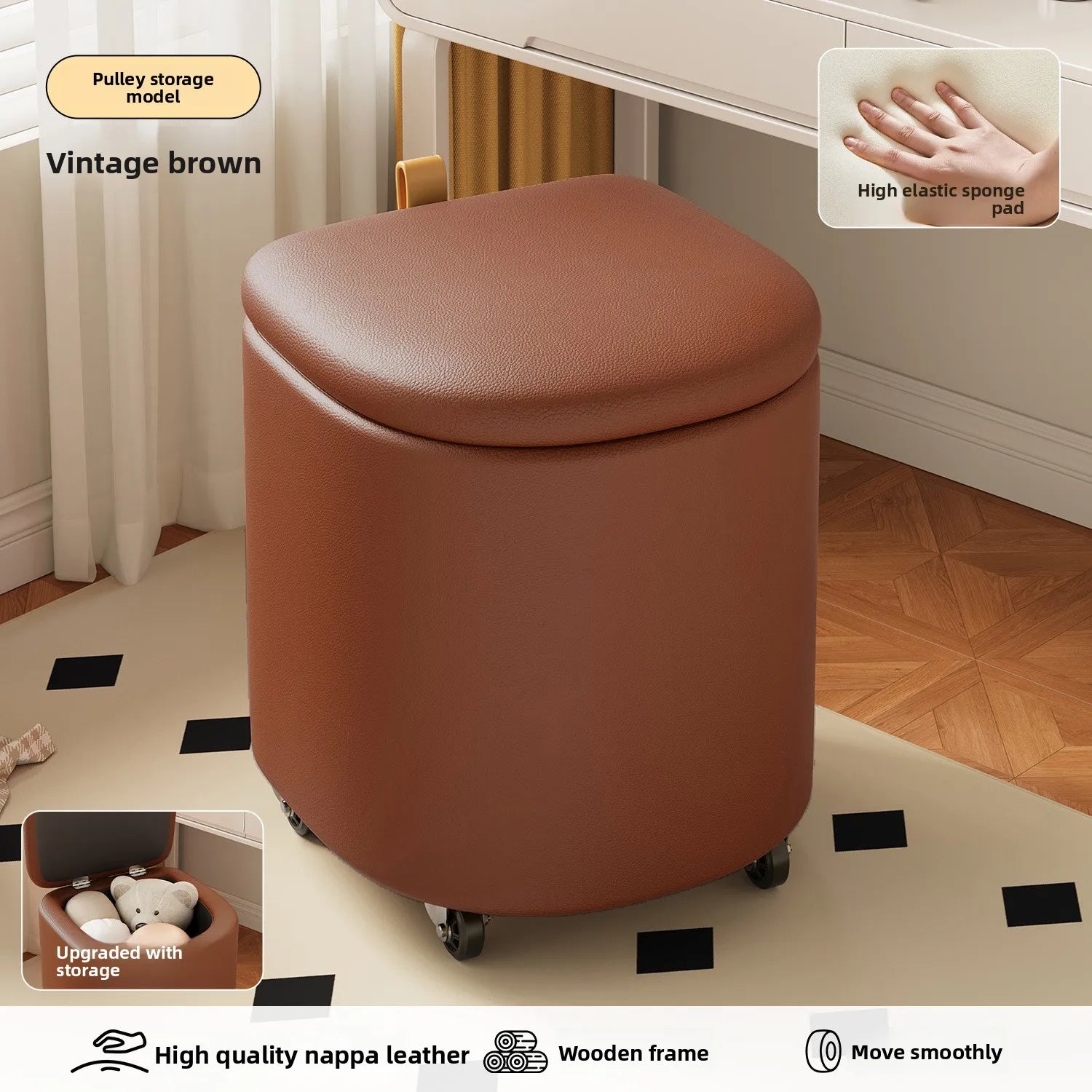 Storage Vanity Stool with Wheels