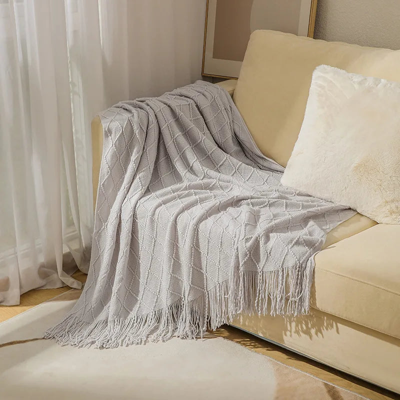 Khaki Gift Knitted Blanket with Tassels Chunky Vintage Luxury