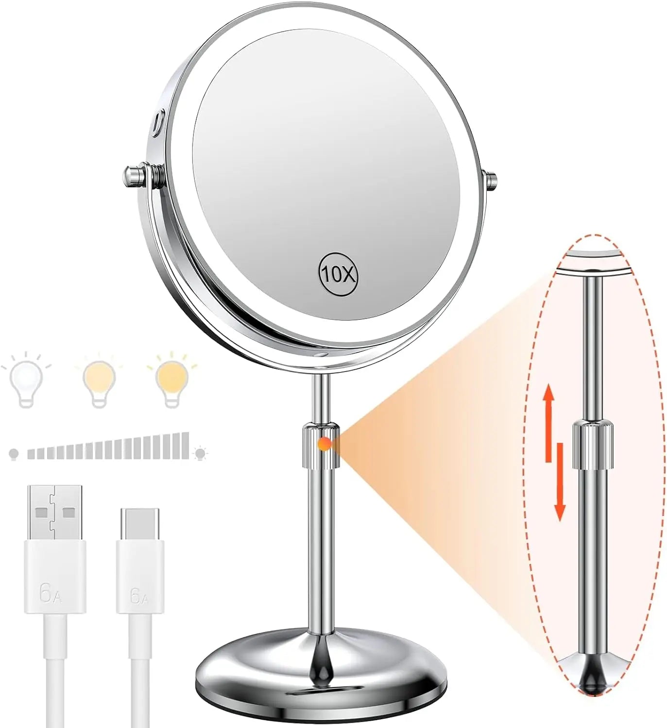 8 Inch 10X Magnifying Makeup Mirror with 3 Color Light
