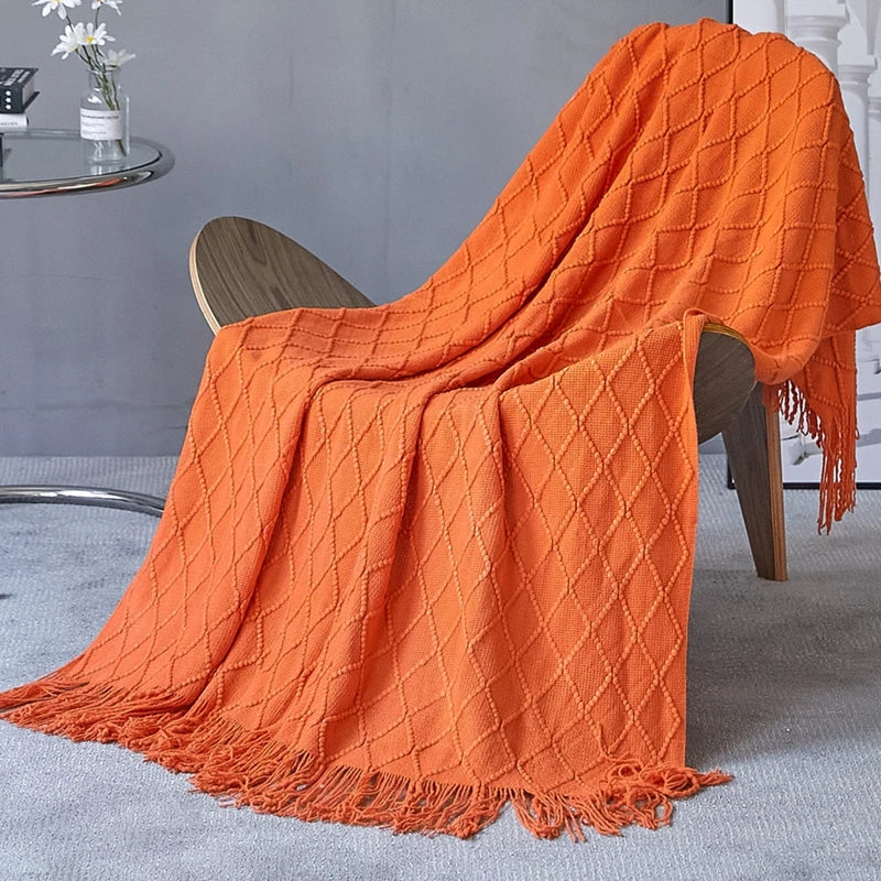 Khaki Gift Knitted Blanket with Tassels Chunky Vintage Luxury