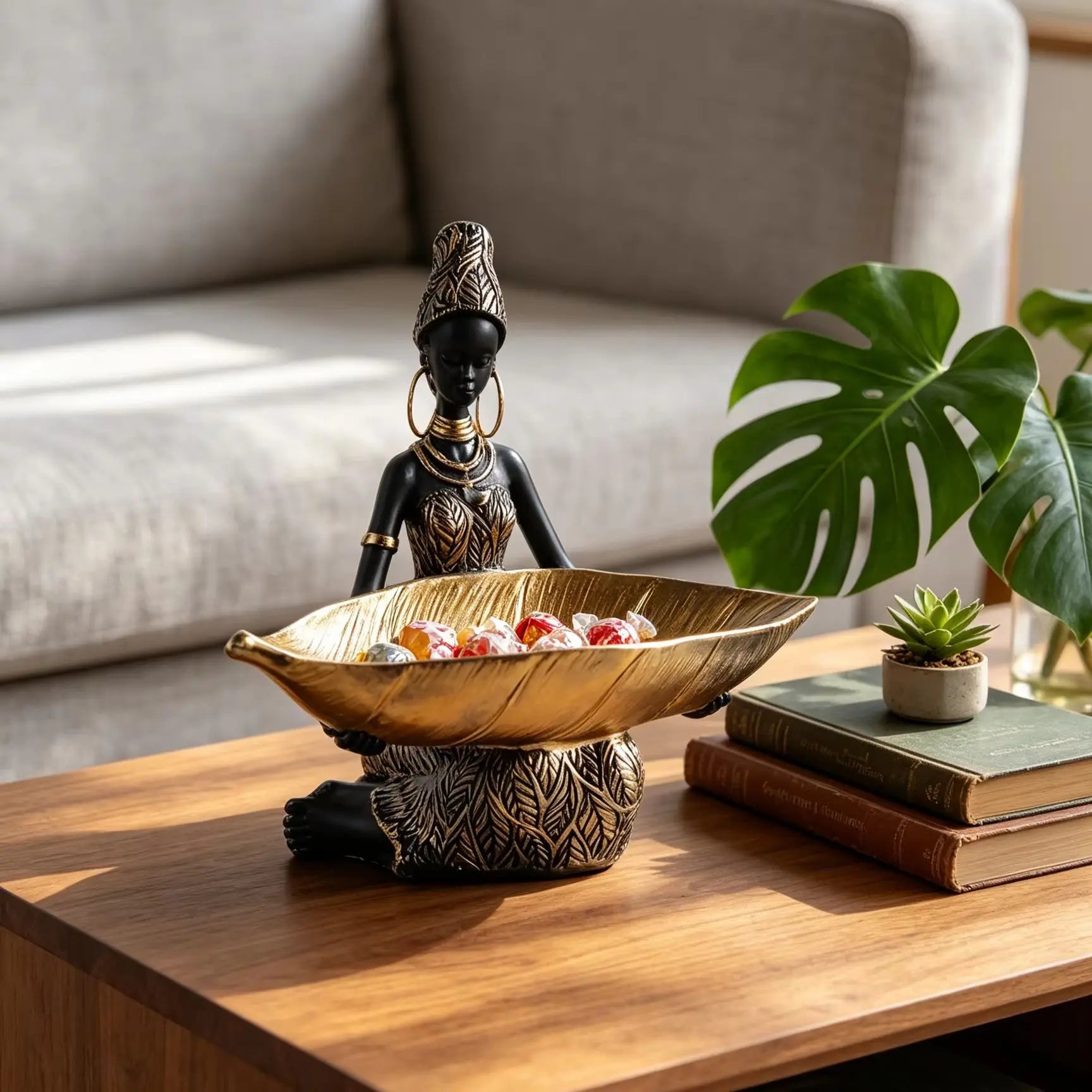 African Woman Resin Bowl Sculpture