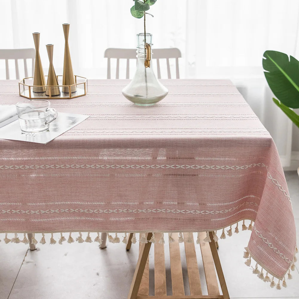 Cotton Linen Stripe Tassel Tablecloth Stain Resistant Dust-Proof Table