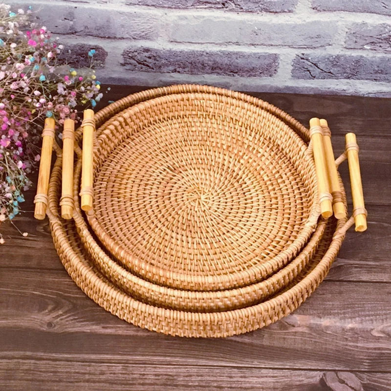 Woven Rattan Storage Basket with Strap Handle Round Tray Bread