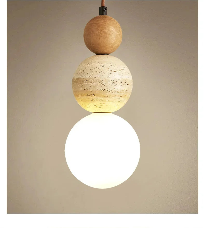 Cream Style Pendant Lamp Bedroom Bedside Led Chandelier Stone Wood