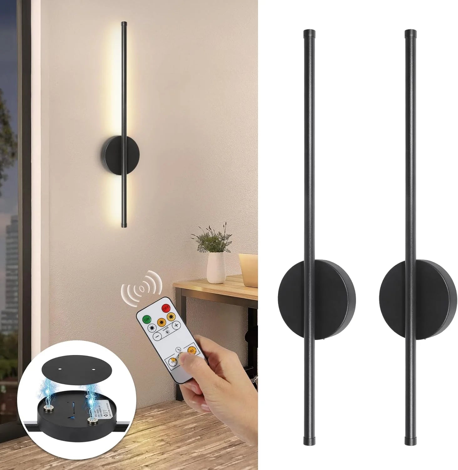 2PCS Battery Operated Wall Sconces Wireless Rechargeable Lamp Black