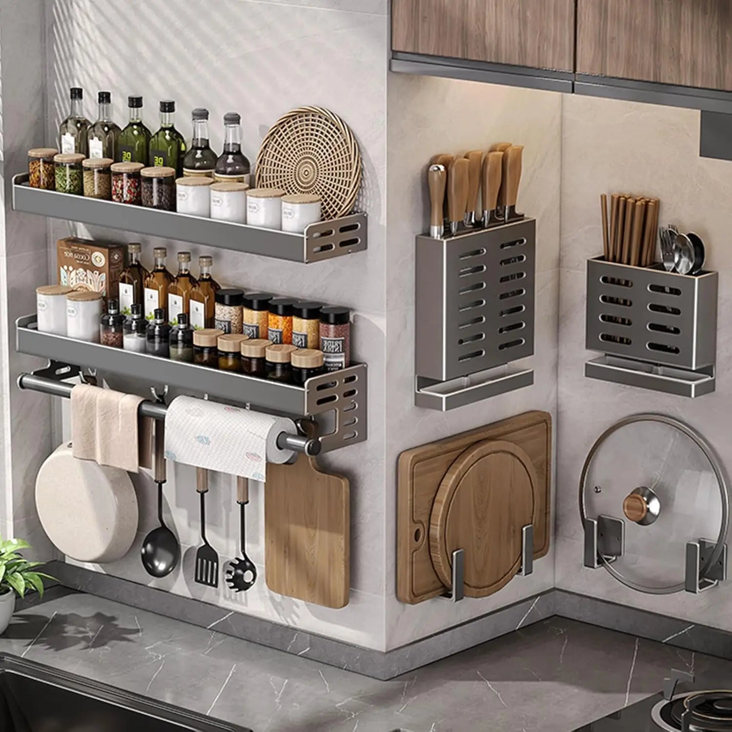 Wall Mounted Kitchen Utensil Rack with Hooks
