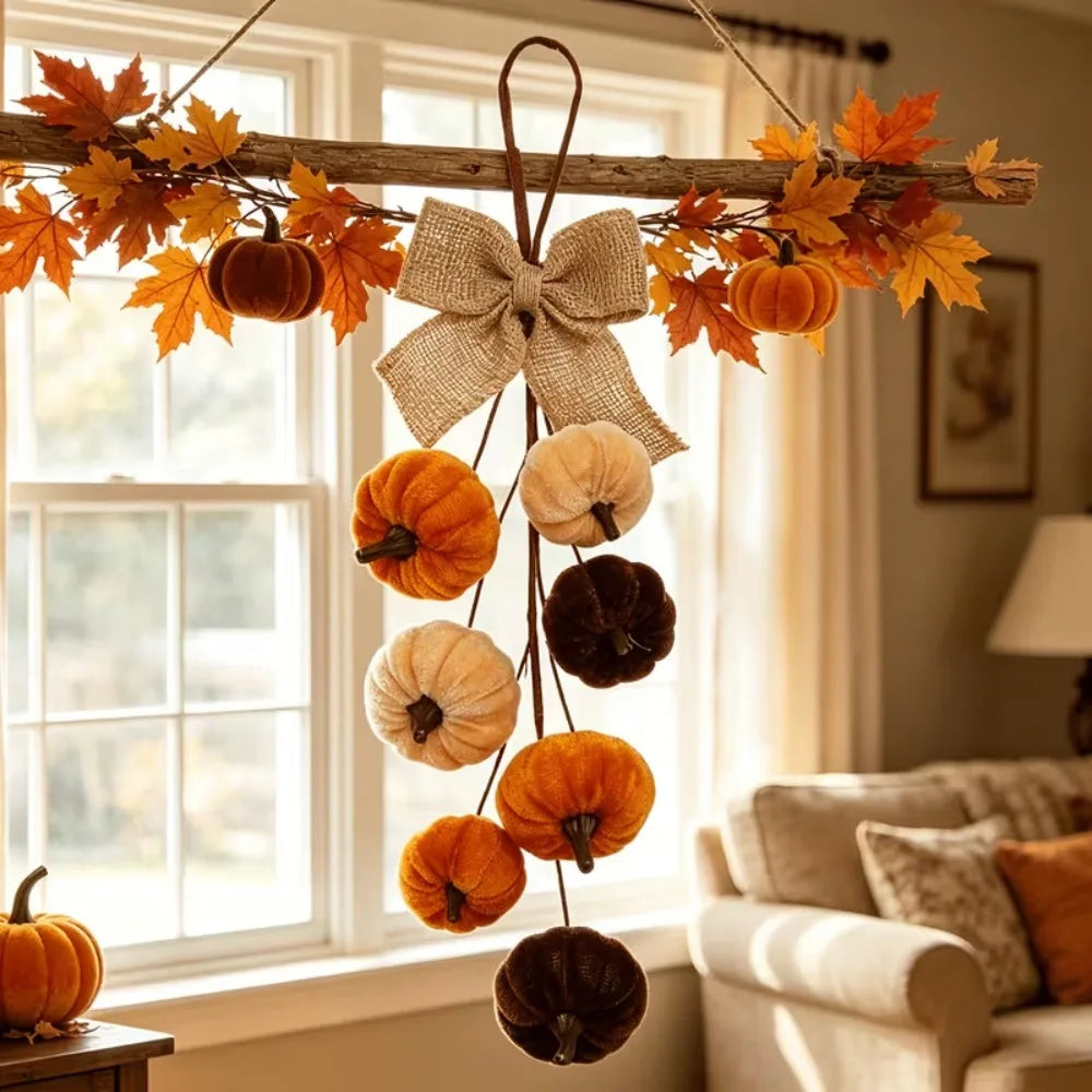 Velvet Pumpkin Hanging Ornament with Burlap Bow