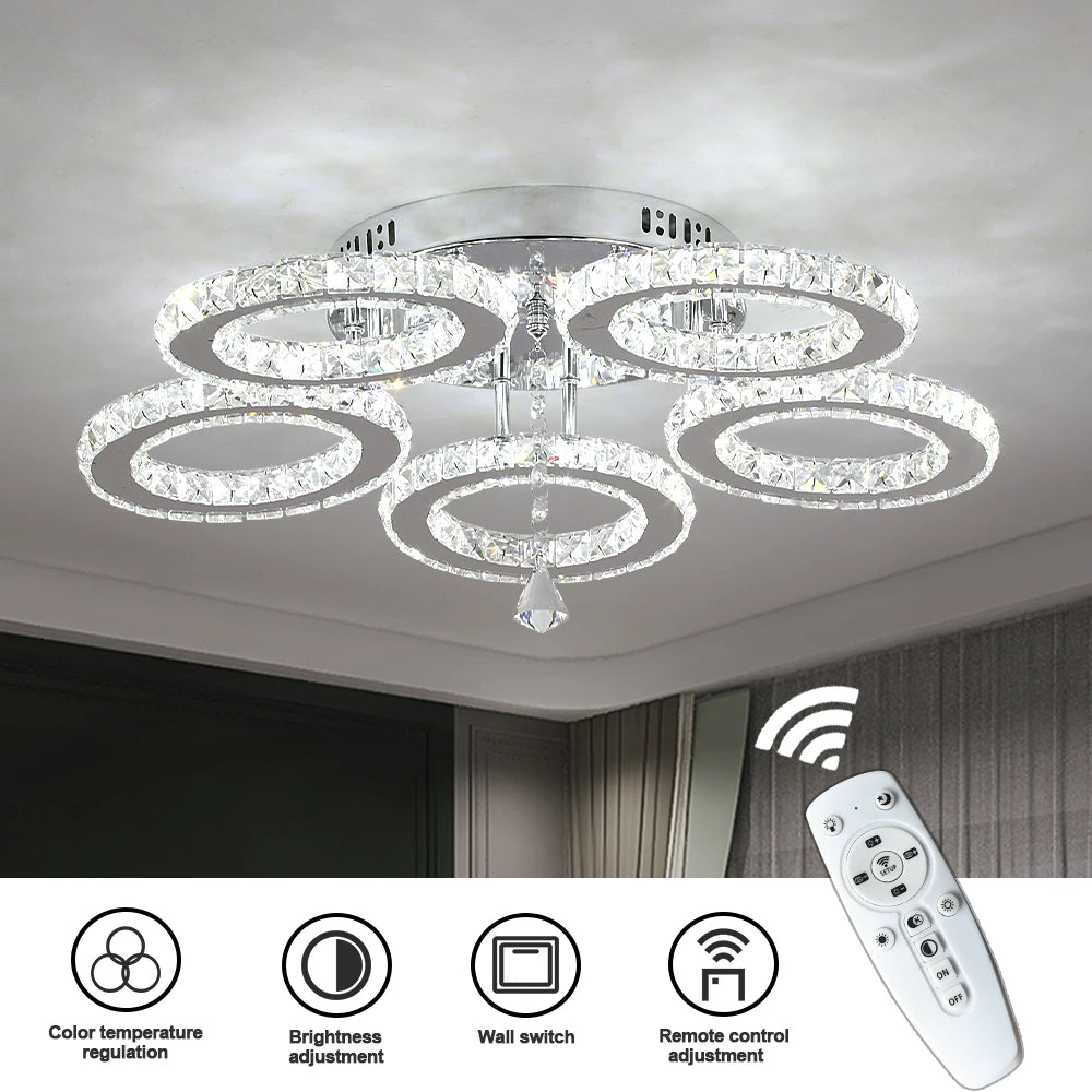 Modern K9 Led Crystal Ceiling Lamp Smart Chandelier Pendant Light Ring