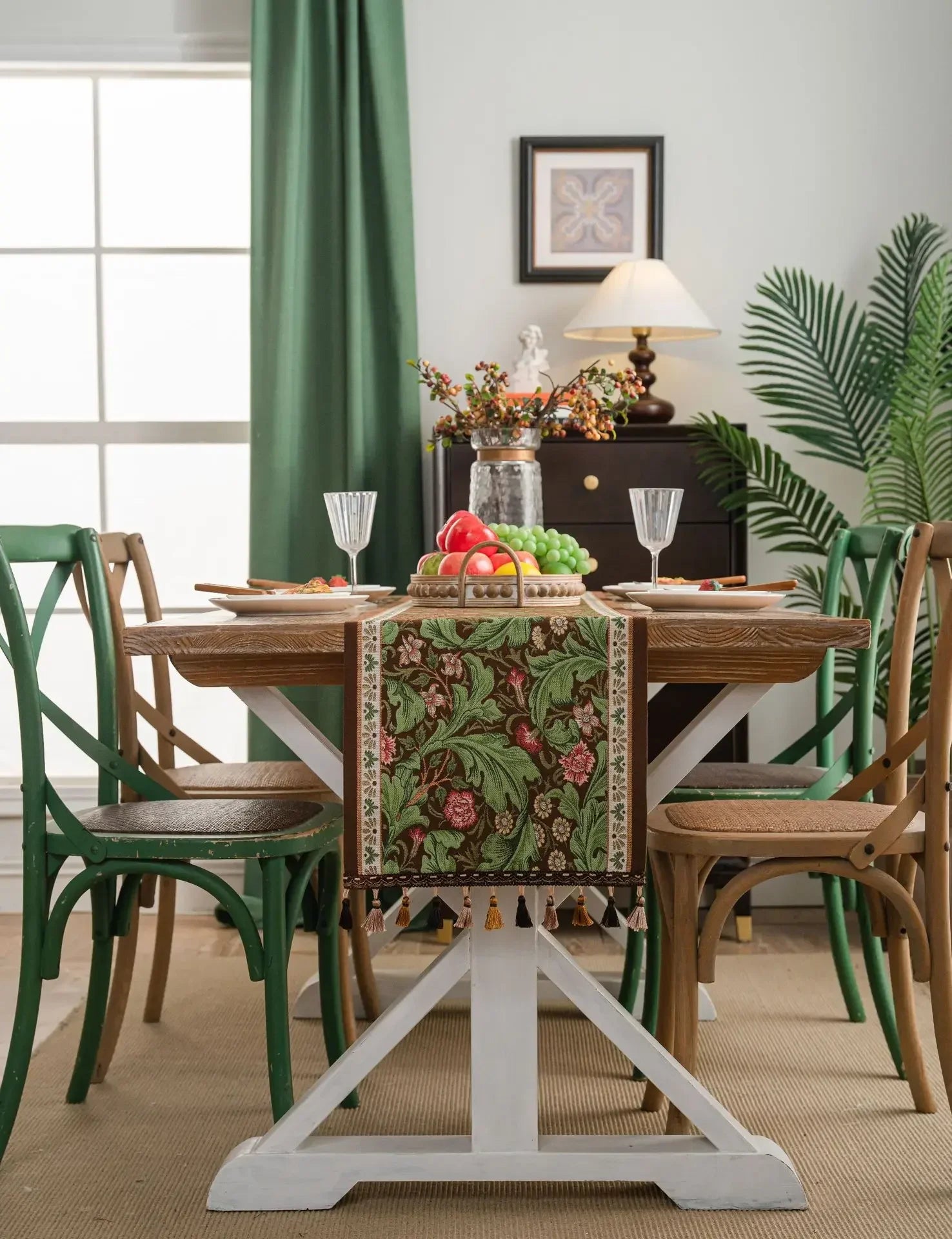Plant Flower Table Runner with Tassels Jacquard Living Room Cabinet