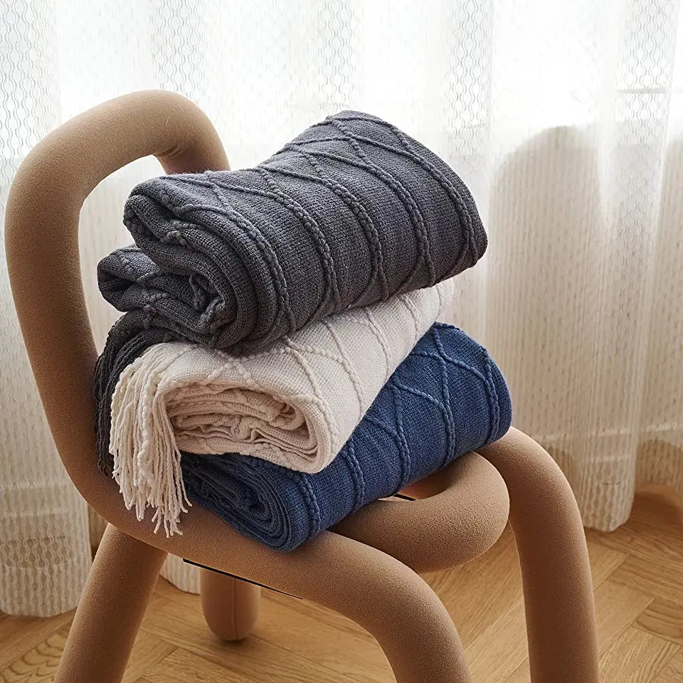 Khaki Gift Knitted Blanket with Tassels Chunky Vintage Luxury