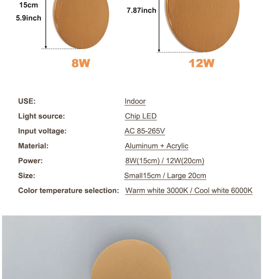 Modern Round Wall Lamp 15cm/20cm LED Black/White/Gold Aluminum Acrylic