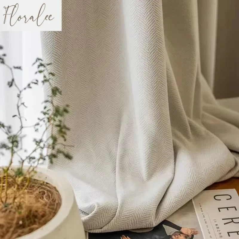 Custom Size Herringbone Thicke Beige Chenille Curtains