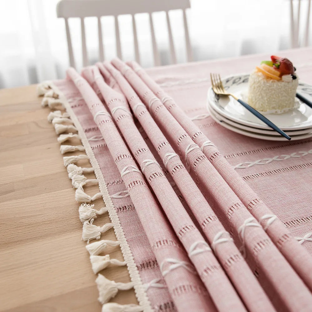 Cotton Linen Stripe Tassel Tablecloth Stain Resistant Dust-Proof Table