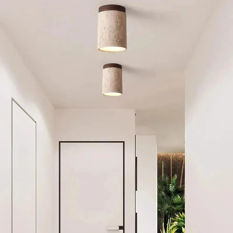 Travertine Wood Round Ceiling Light