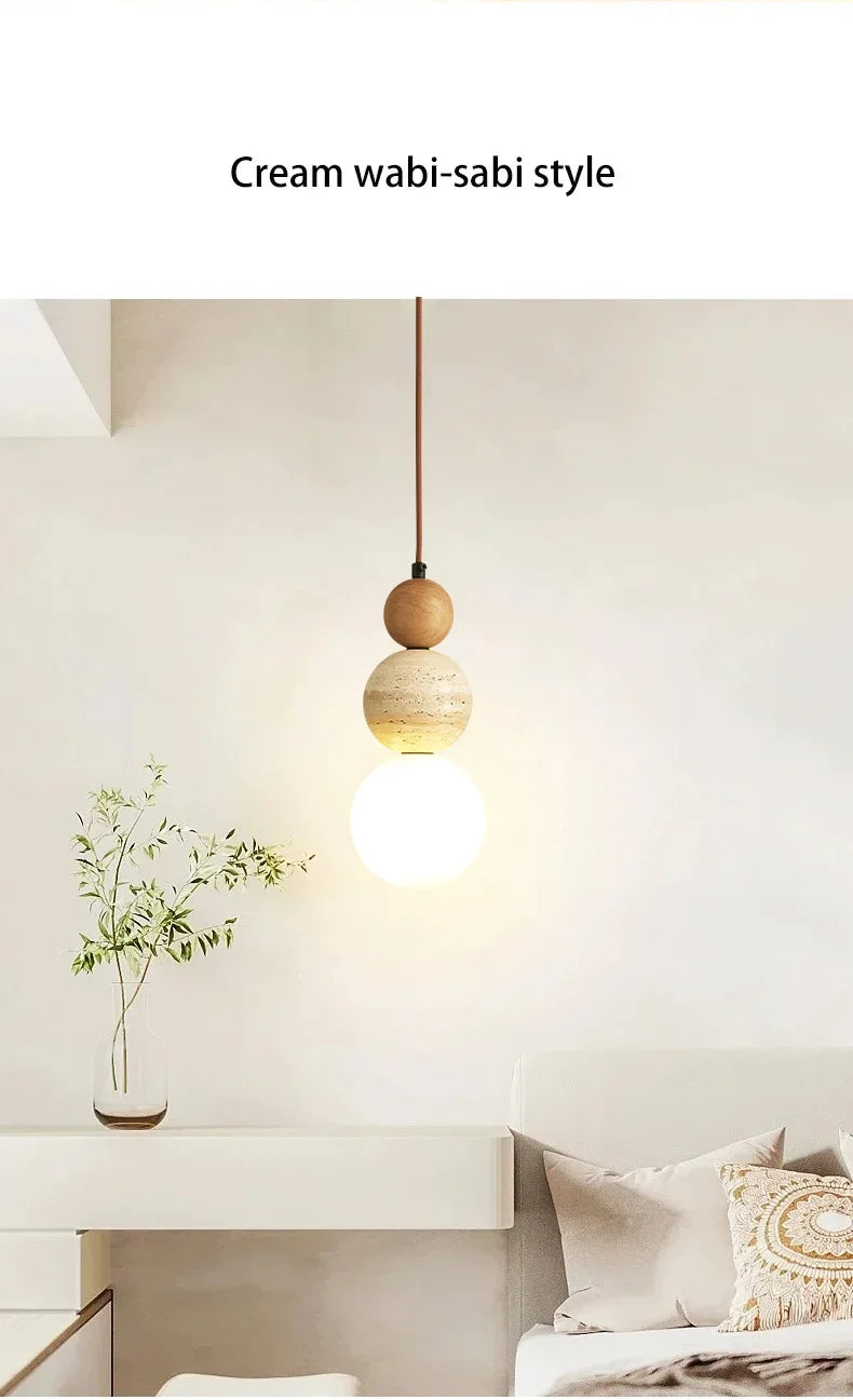 Cream Style Pendant Lamp Bedroom Bedside Led Chandelier Stone Wood