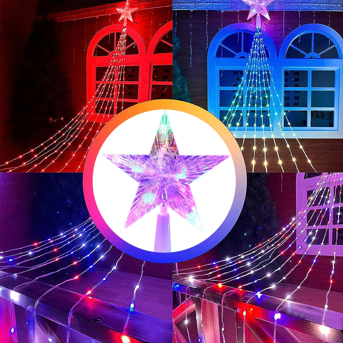 1PC Five-pointed Star Waterfall Lights USB/Solar Powered Christmas String Lights for Christmas Party Halloween Home Decor