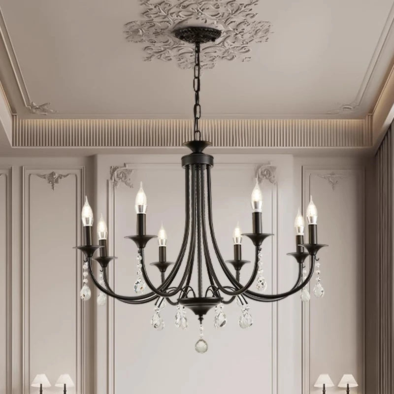 New Wrought Iron Crystal Chandelier European Classic Black Candle Lamp