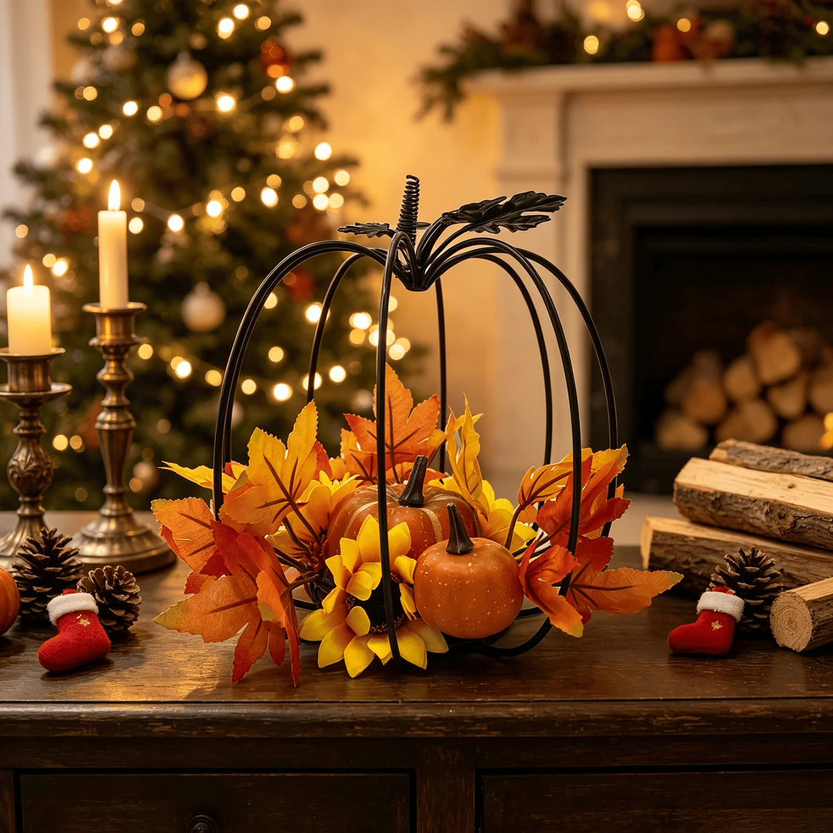 Iron Pumpkin with Maple Leaf and Sunflower