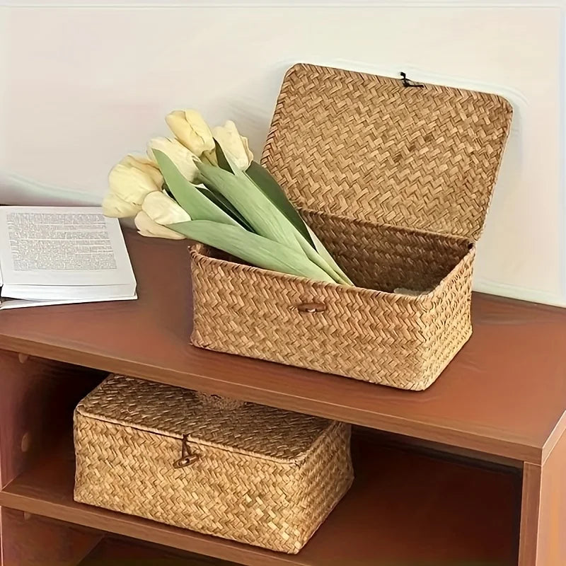 Handmade Straw Woven Vintage Storage Rack Basket Desktop Box