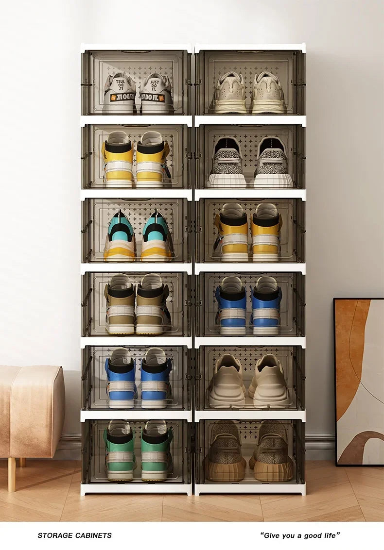 Dustproof 1/3/6 Layers Foldable Shoes Box Stackable Transparent Thickened Plastic Bins Sneaker Shoe Organizer Cabinet Organizers