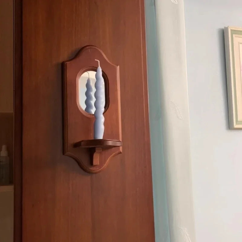 Vintage Solid Wood Wall Mirror with Shelf and Candlestick