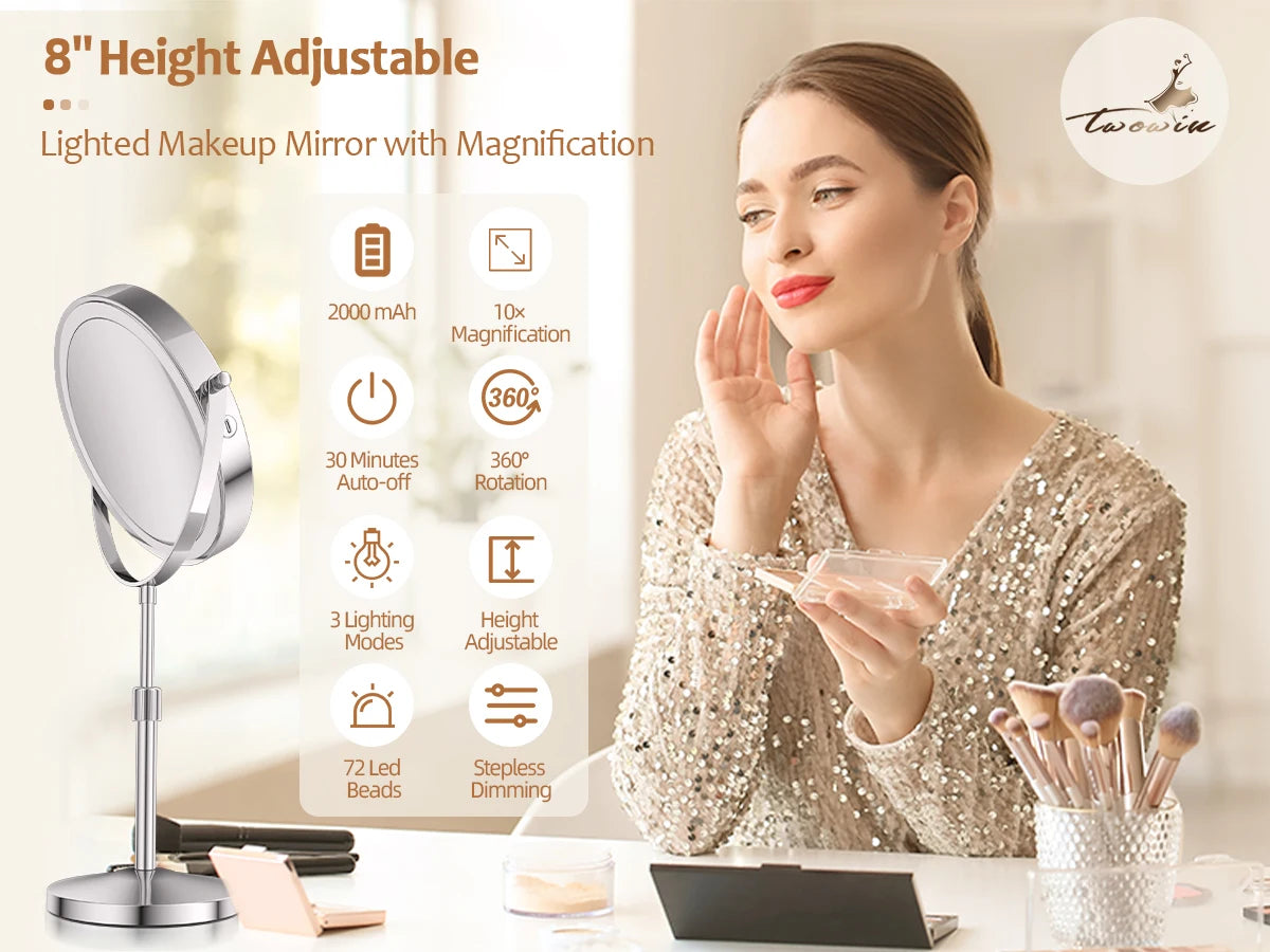 8 Inch 10X Magnifying Makeup Mirror with 3 Color Light