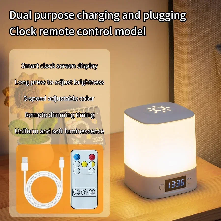 Bedside Night Light Rechargeable Reading Desk Lamp with Clock Time