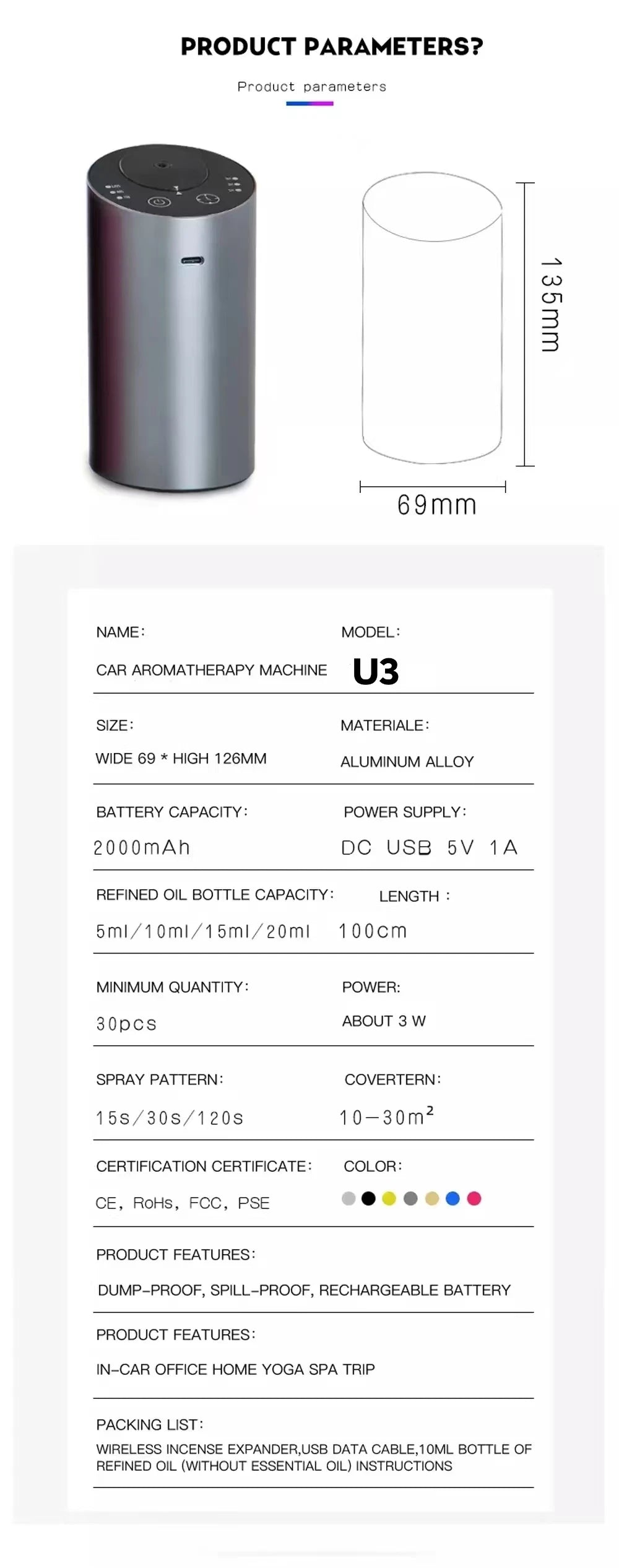 Car Aroma Diffuser Machine Portable Essential Oil Diffuser Rechargeable