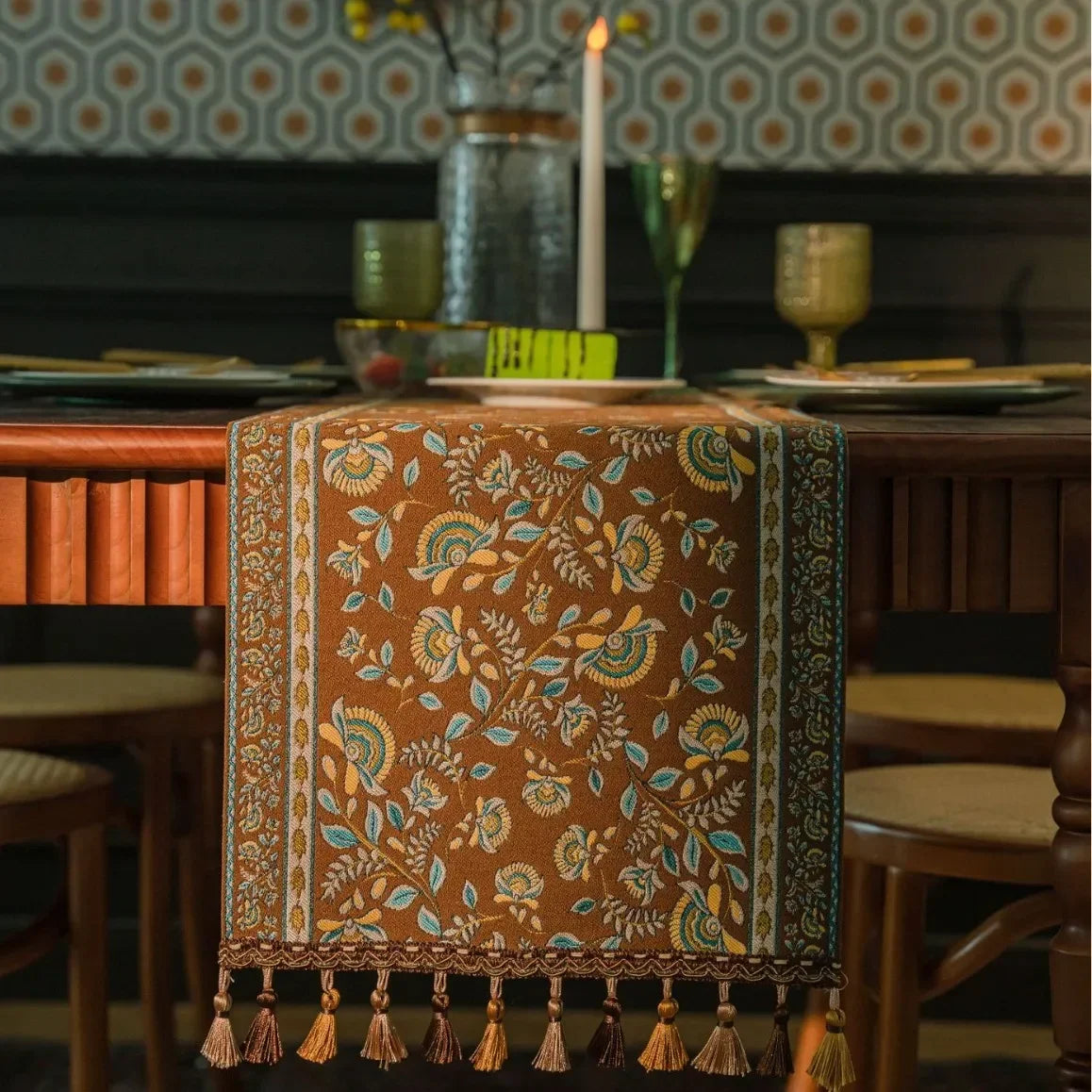 Plant Flower Table Runner with Tassels Jacquard Living Room Cabinet