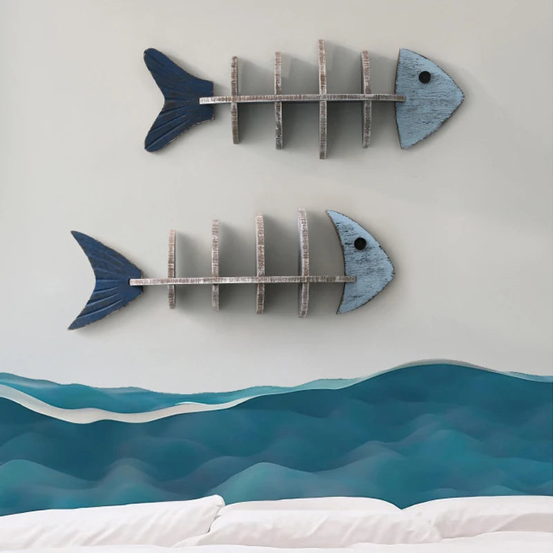 Nordic Style Wall Wooden Fish Row Shelf Decorative Pendant Wall