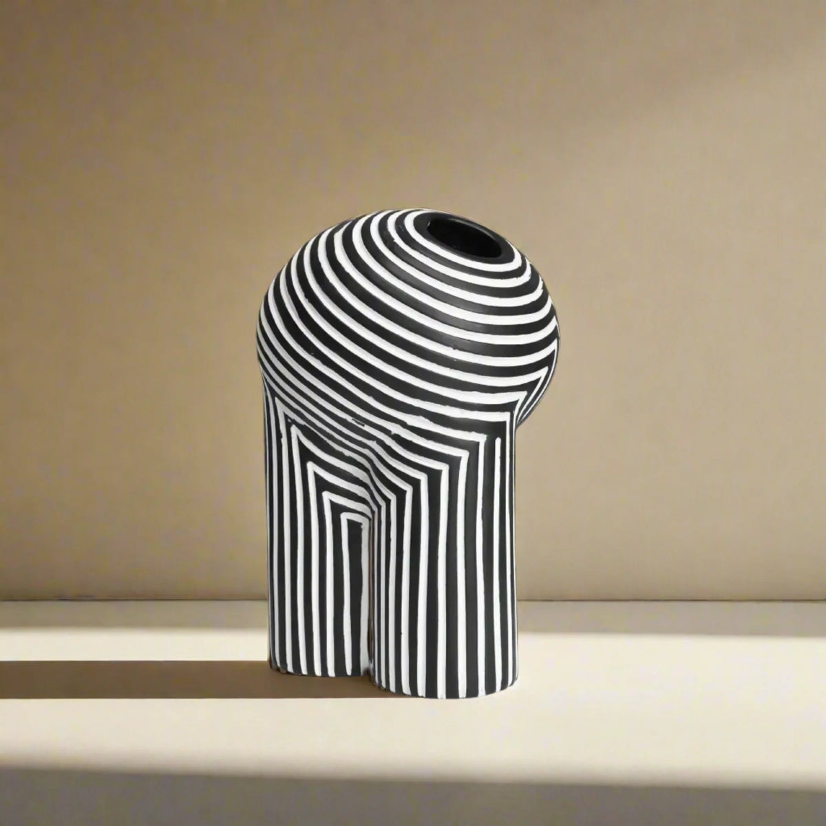Black and White Striped Resin Vase, Abstract Sculptural